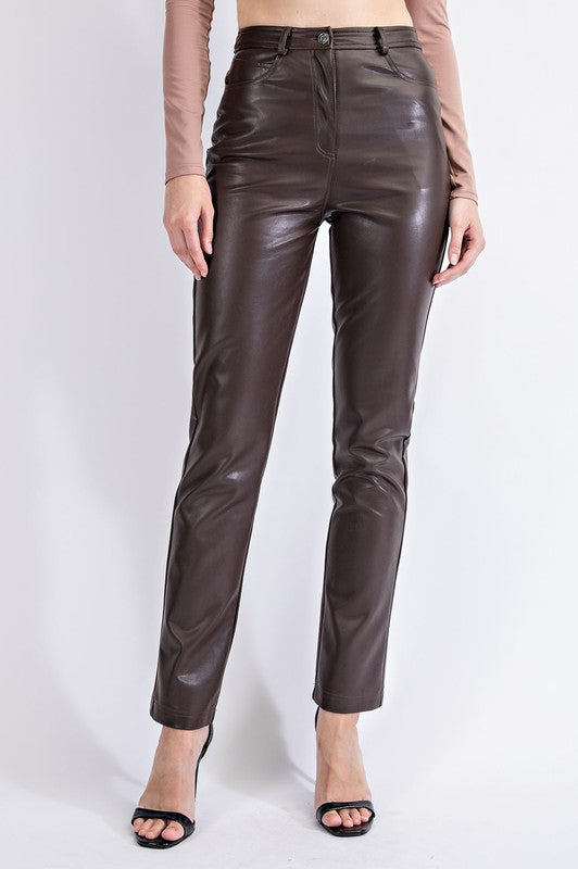 AVA - Faux Leather Pants Chocolate
